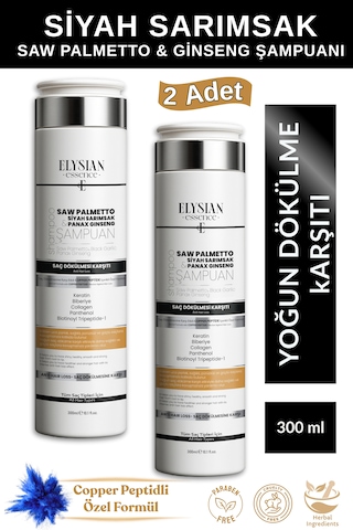 Elysian Essence Saw Palmetto & Siyah Sarımsak & Panax Ginseng Şampuanı 2 Adet Copper Peptidli Saç Dökülmesine Karşı Bakım 300 Ml Tüm Saç Tipleri