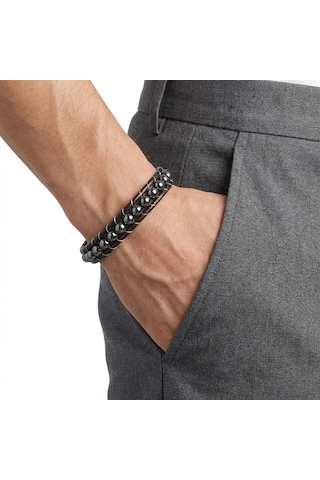 Premium 6mm Hematit Taşlı Deri Kordon Ve Çelik Bileklik 31832b2d6m3 - 21 Cm Siyah
