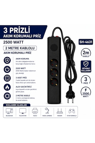 Sh-4631 3 Lü Akım Korumalı Priz 2500w 2 Metre Kablolu Anahtarlı Topraklı Çoklu Grup Priz Uzatma Kablosu 2 M