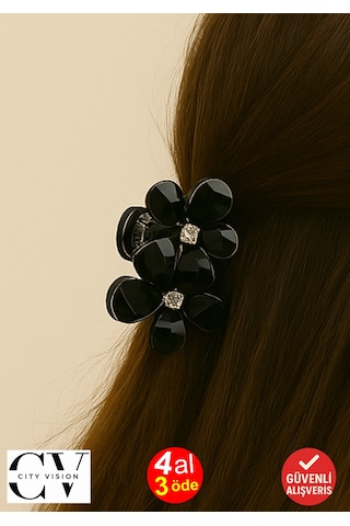Siyah Taşlı Çiçek Gümüş Detaylı Metal Mandal Toka 4 Cm Siyah