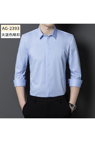 Erkekler İçin Gizli Düğmeli, Uzun Kollu, Tek Renkli, Esnek İş Kıyafeti Gömlek Açık Mavi