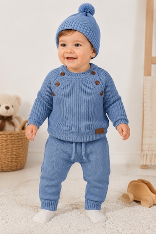 Babyhola Şık Erkek Bebek Triko Takım 3'lü Kışlık Kazak Pantolon Bere 3000 Mavi
