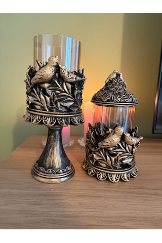 Kuşlu Ayaklı Ve Kapaklı Dekoratif Cam Mumluk & Şekerlik Seti Siyah Altın Varak Eskitme 2'li Şamdan & Kavanoz 27x12 Cm & 23x12 Cm Çok Renkli 08224044