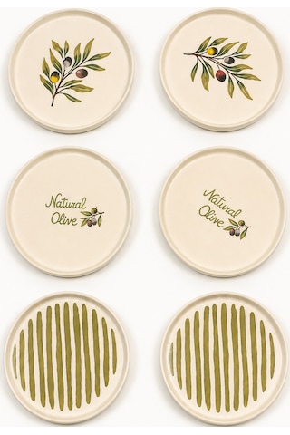 Oliva 6 Lı Stackable Seramik Pasta Tabağı Seti 20 Cm Zeytin Desenli Tatlı Ve Servis Tabağı Beyaz