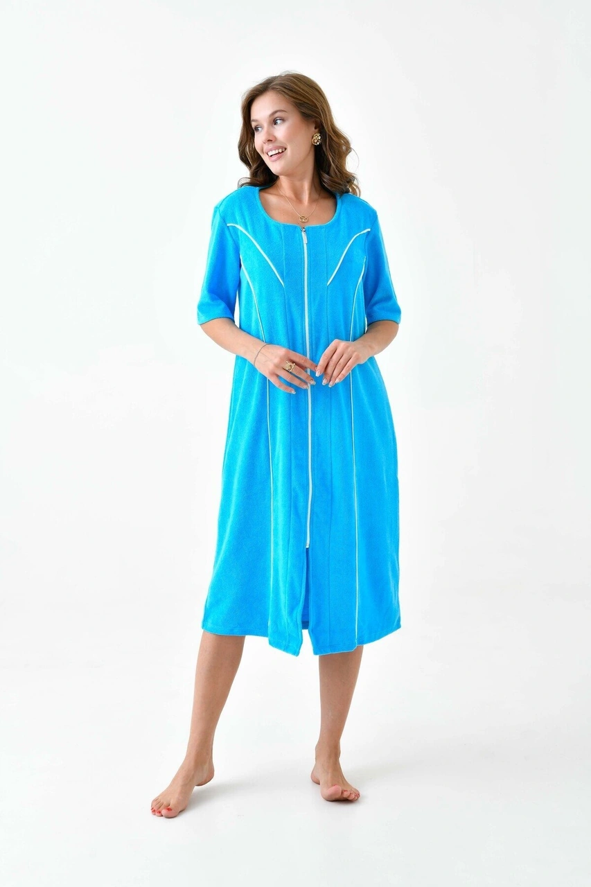 Kadın Yarım Kısa Kol Fermuarlı U Yaka Rahat Kalıp Büyük Beden Curve Ev Plaj Midi Havlu Elbise Mavi