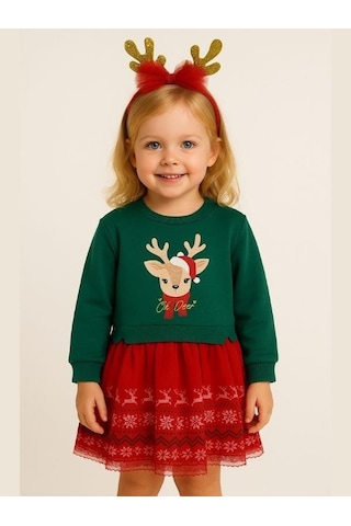 Kız Çocuk Geyikli Yılbaşı Temalı Taç Hediyeli Elbise-16405 Kırmızı