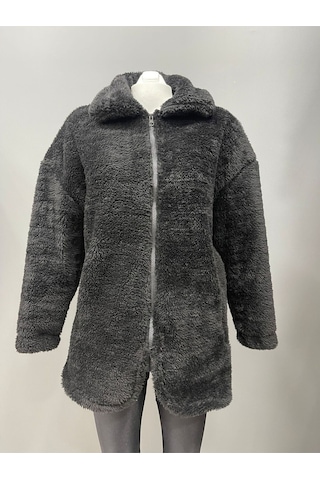 Kadın Siyah Peluş Rüzgar Geçirmez Welsoft Çift Cepli Kışlık Mont Siyah