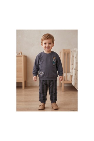 Çıtırkids Erkek Bebek Ayıcık Nakışlı Çizgili İki İplik Pamuklu Sweatshirt Alt Üst Takım Lacivert