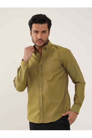 Dufy Hardal Erkek Slim Fit Düz Brent Düğmeli Yaka Uzun Kol Gömlek - 102454-hardal Hardal