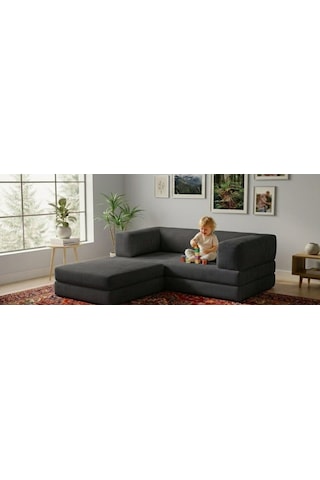 Herev 200x200 Cm 50 Dns Modüler Köşe Koltuk Fitilli Kadife Kumaş, Yatak Olabilen, Modern Tasarım Şark Köşe Füme