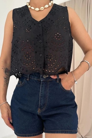Defymoda Siyah Sıfır Kol Brode Bluz Siyah