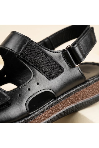 Fame Step Hakiki Deri Unisex Ortopedik Sandalet Yumuşak Taban Cırtlı Comfort Yazlık Günlük Terlik Siyah