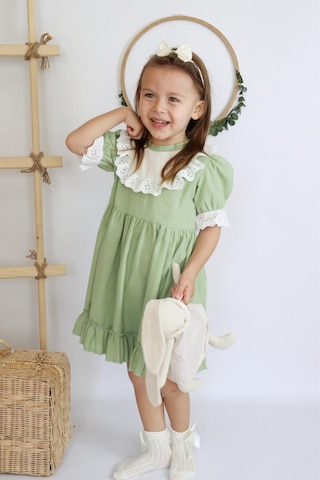 Kız Bebek Ruby Yeşil Fırfırlı Dantel Detaylı Kısa Kollu Elbise Bandana Takım Elb-0070.7 Yeşil