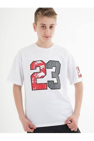Çocuk 23 Yazılı Oversize Pamuklu T-shirt-16013 Ekru