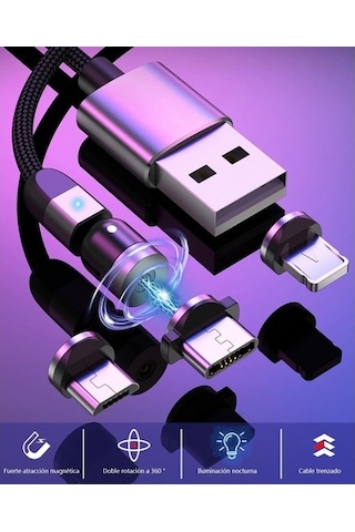 3 In 1 Şarj Kablosu Manyetik Led Işıklı Hızlı Şarj 3A Usb-C