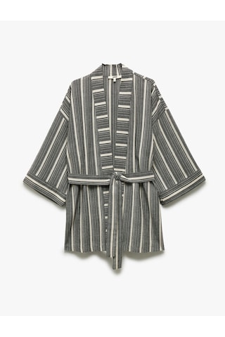 Koton Pamuklu Rahat Kalıp Kemerli 3/4 Geniş Kol Uzun Kimono Lacivert Çizgili 5sak50014ew 7s2