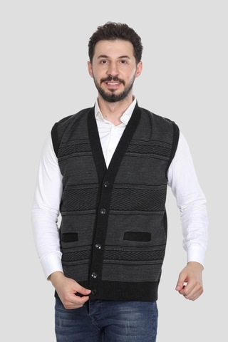 Kzc Tekstil Erkek Baba Orta Yaş Ve Üzeri Triko Örgü Akrilik Kışlık Kalın Dokulu Düğmeli Cepli Baba Yelek Antrasit