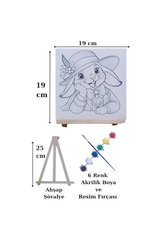 Şapkalı Tavşan Tuval Boyama Aktivite Seti 19x19 Cm Tuval, Şövale, Fırça Ve 6 Renk Akrilik Boya Seti
