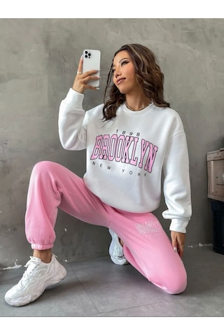 Kadın Brooklyn Baskılı Eşofman Takımı Beyazpembe