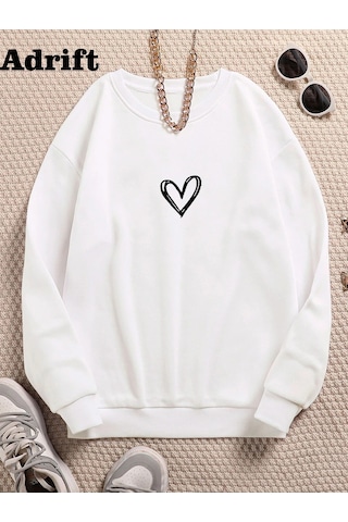 Startmore Adrift Adrif Minimal Kalp Renkli Oversize Bisiklet Yaka Pamuklu Sweatshirt Beyaz Beyaz