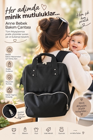 Bcburkay Çanta Anne Bebek Bakım Çantası Siyah