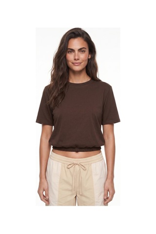 Onloox Kadın Acı Kahve Acı Kahve Viskon Karışımlı Bisiklet Yaka Kısa Kollu Balon Form Beli Lastikli Crop T-shirt Acı Kahverengi