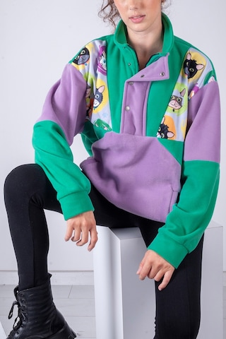 Kadın Erkek Kedi Desenli Yarım Fermuarlı Polar Sweatshirt