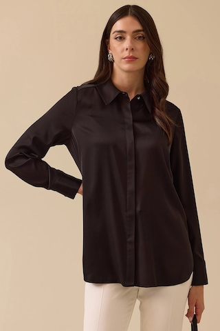 Seçil Kadın Gizli Düğmeli Saten Gömlek 0038 Siyah Siyah