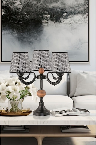 Üçlü Şamdan Masa Lambası Abajur Siyah Siyah Rattan Hasır Şapkalı Siyah