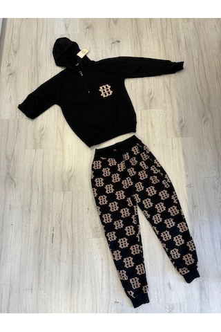 Kadın Uzun Kollu Iki Iplik Kumaş Fermuar Ve Cep Detay Kapüşonlu Ikili Takım Siyah