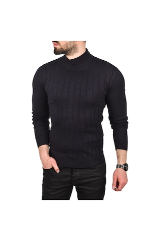 Deepsea Erkek Lacivert Çizgi Desenli Tüylenme Yapmayan Yarım Balıkçı Yaka Triko Kazak 2505501 Lacivert