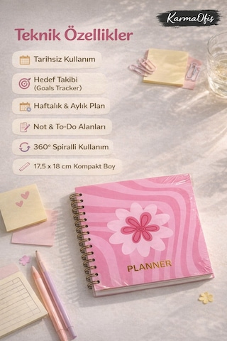 Pembe Çiçekli Spiralli Planner Defter Tarihsiz Haftalık Ve Aylık Planlayıcı, 17.5x18 Cm Diğer