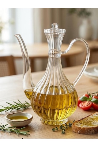Çizgili Tasarım Füme Kafalı Mermer Stantlı Borosilikat Cam Glorry Cam Yağlık 700 Ml+700 Ml Şeffaf