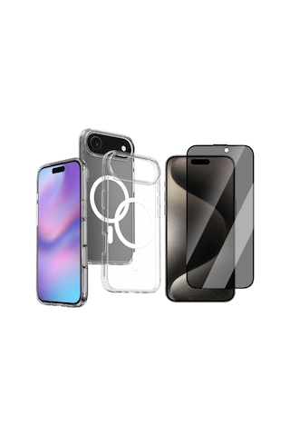 Vendas Apple Uyumlu iPhone 17 Air Kılıf M-safe Şarj Özellikli Şeffaf Sert Pc Zore Embos Kapak + Privacy Hayalet Ekran Koruyucu Şeffaf