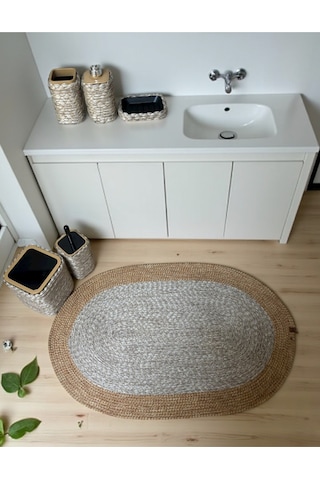 Doğal Dokulu Hasır Görünümlü 6 Parça Banyo Takımı Zarif Ve Modern Gri