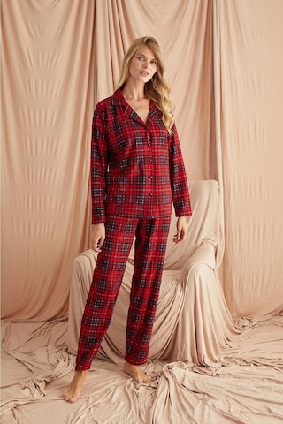 Burcumay Ekose Süet Düğmeli Uzun Kol Pijama Takımı Kırmızı