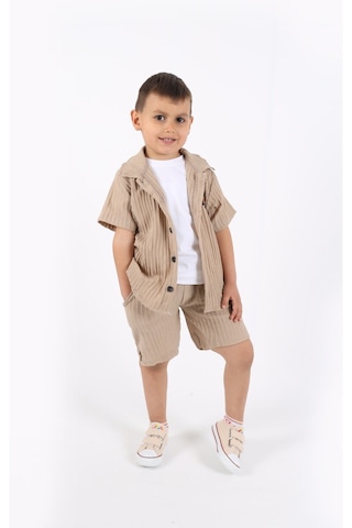 Aden Kids Erkek Çocuk Gömlek+sweatshirt Ve Cepli Şort Alt Üst Takım Bej