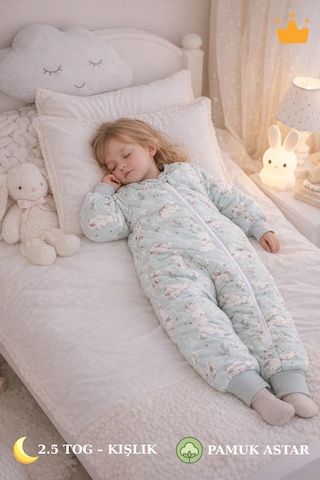 Babyhola 2.5 Tog Yorgan Gerektirmeyen Kalın Elyaf Dolgulu Çocuk Uyku Tulumu Pamuk Astarlı Unisex 6020 Mint Yeşil