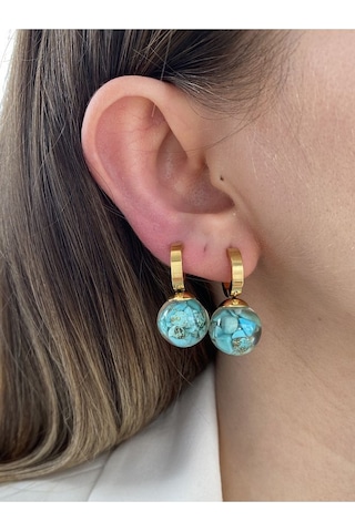 Mavi Taşlı Yuvarlak Sallantılı Çelik Kararmaz Gold Kaplama Küpe Ç