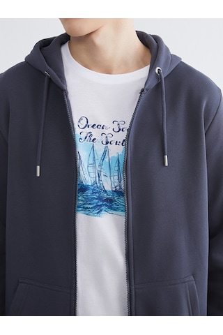 Lcwaıkıkı Classic İndigo Kapüşonlu Uzun Kollu Erkek Fermuarlı Sweatshirt