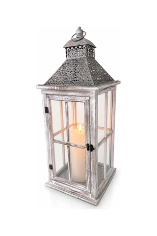 İşlemeli Metal Çatılı İthal Eskitme Ahşap Mumluk Fener 67cm Beyaz
