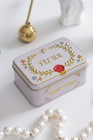 Beyaz 107 X 72 X 50 Mm - Premium Fleur Gold Kabartmalı Metal Hediyelik Dekoratif Saklama Kutusu