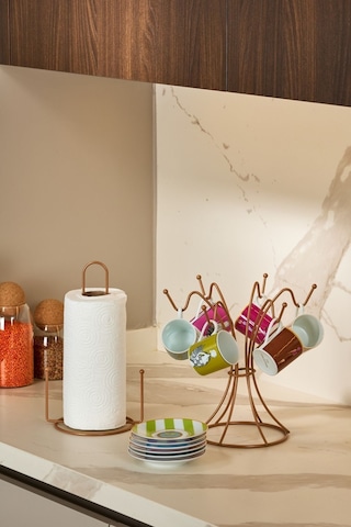 Edora Home 2'li Rose Mutfak Organizer Seti, Misketli Kağıt Havluluk Ve 6 Kancalı Bardaklık - Metal Paslanmaz