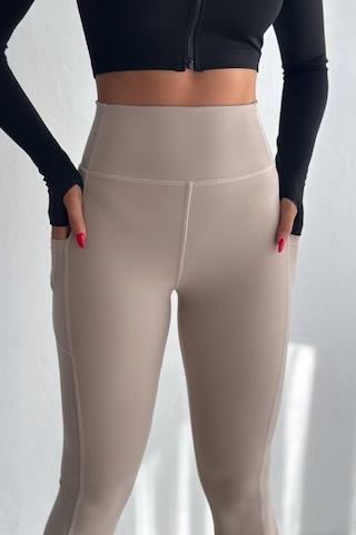 Balenbi Haute Kadın Yüksek Bel Toparlayıcı Çift Cepli Leggings Fitness Tayt 1092 Bej