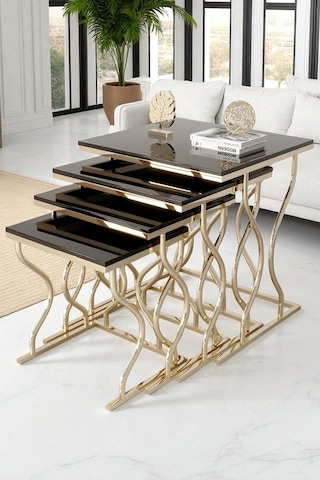 Limbo 4'lü Kare Zigon Sehpa Seti Gold Ayak, Krem Mdf Siyah-gold