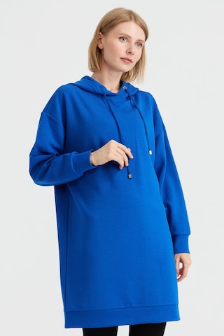 Desen Triko Kadın Kapüşonlu Sweat Elbise Saks Saks