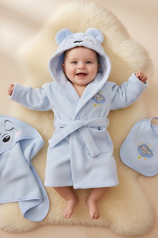 Bear Mavi %100 Pamuk Bebek Banyo Seti 0 - 24 Ay