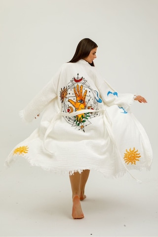 Befera Müslin Kimono Pamuklu Ayın Evreleri Baskılı Desenli Bornoz Kaftan Sabahlık Beyaz