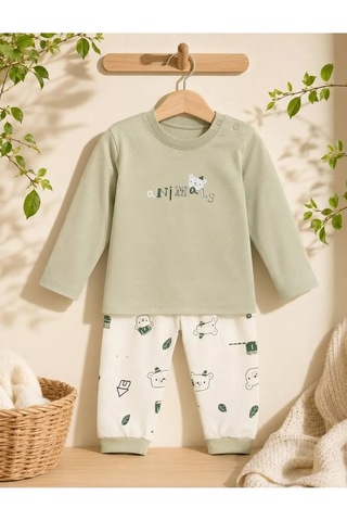 Ferasty İstanbul Unisex Bebek Pijama Takımı Ayıcık Baskılı Yeşil