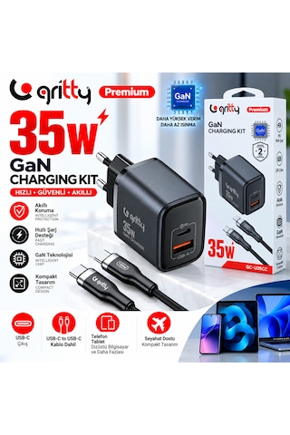 Gan 35w 2 Portlu Usb-a Type-c Pd Şarj Aleti Siyah+type-c To Type-c Şarj Kablosu 35w Şarj Cihazı